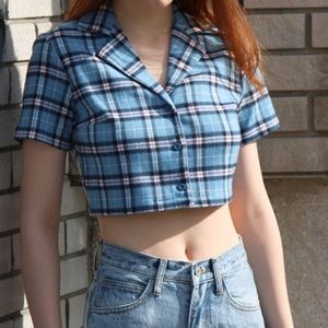 Blue Plaid Collared Crop Top